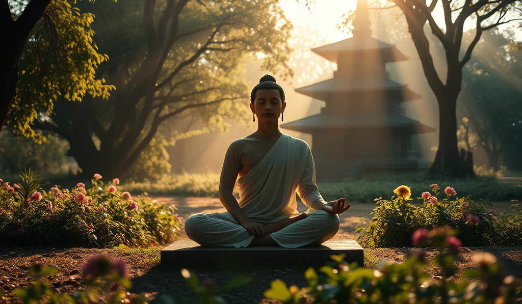 buda sentando em posicao de lotus em um jardim bonito