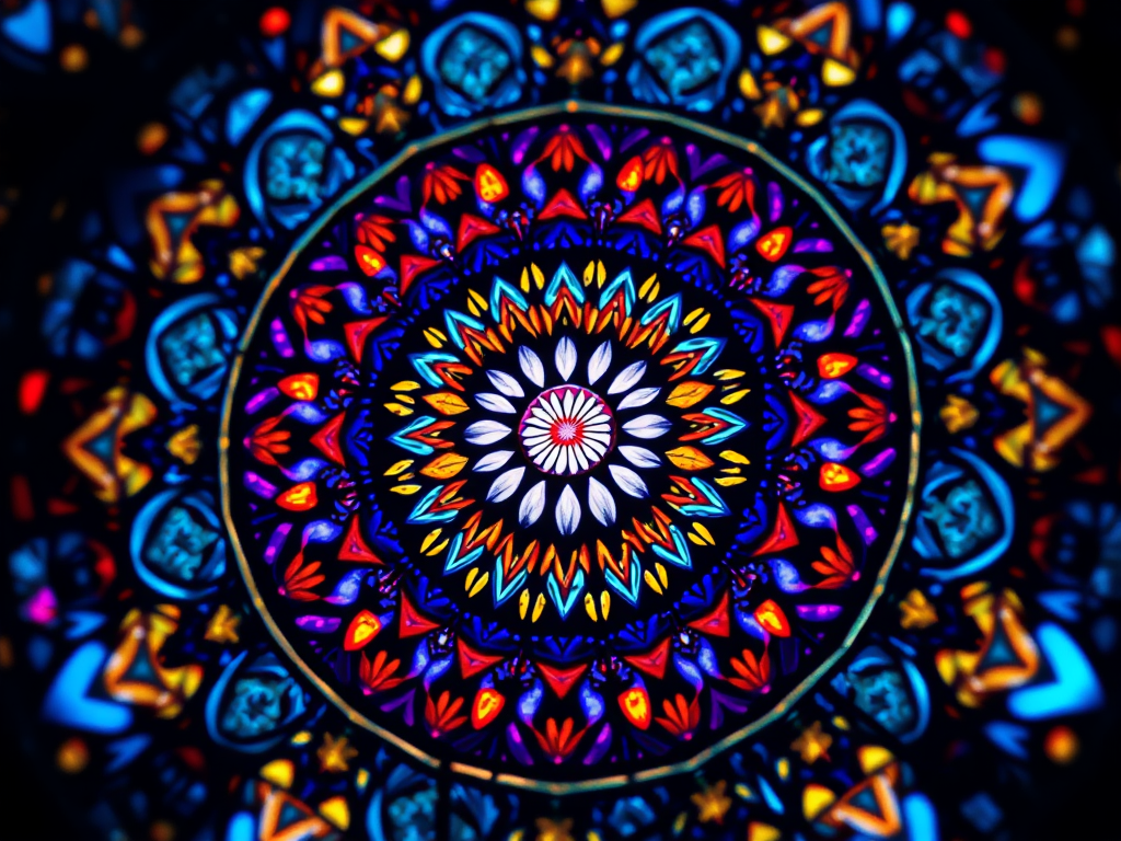 mandala de vitrais coloridos, com muitos detalhes em azul, amarelo, roxo, vermelho.