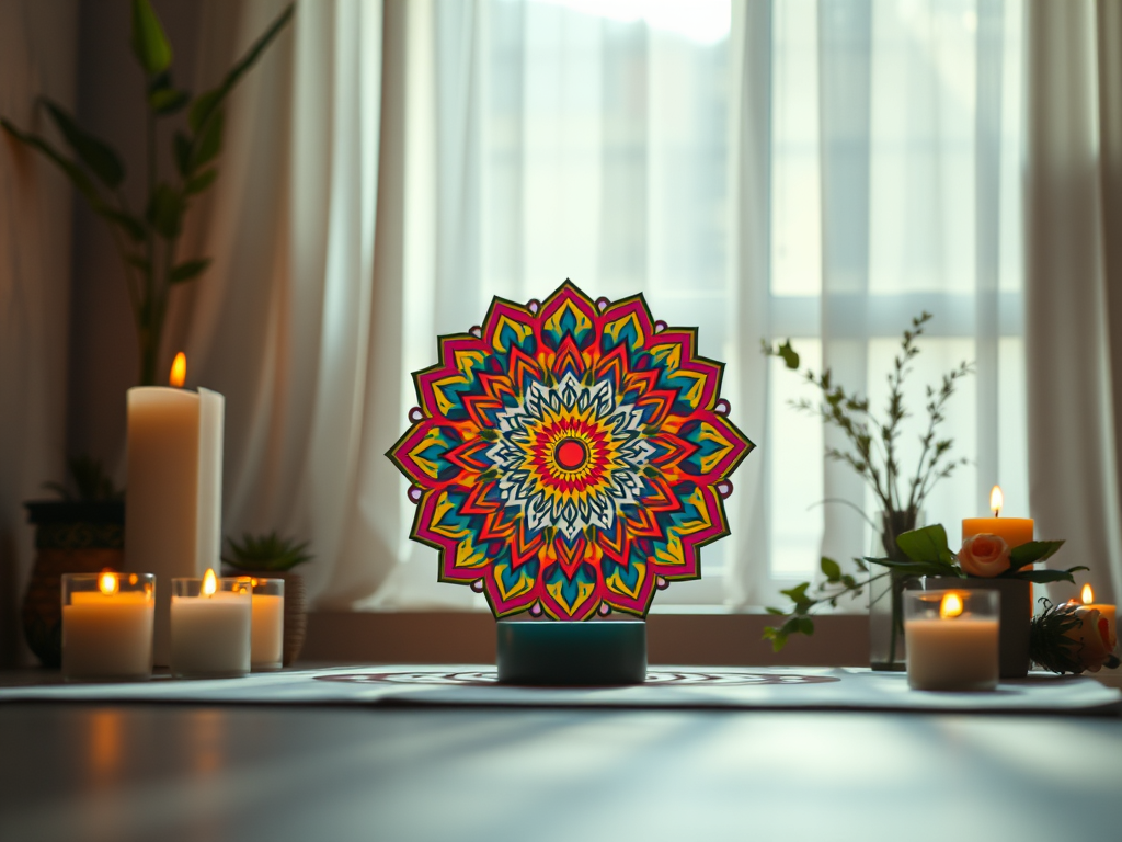 mandala de vitral vermelho, verde e amarelo em cima de uma mesa, para usar como objeto de decoração ou para meditar, praticar yoga, fazer rituais matinais para melhorar a espiritualidade.