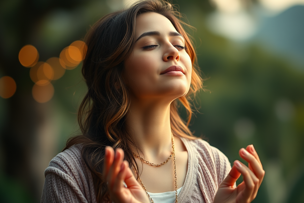 mulher com rosto sereno e feliz, com olhos fechados cantando mantra, uma ferramenta poderosa do yoga