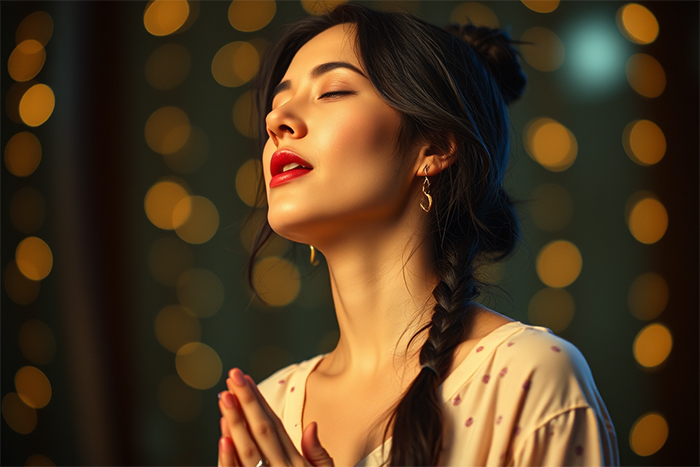 mulher cantando mantra para acalmar a mente e entrar em um estado de maior clareza e relaxamento. 