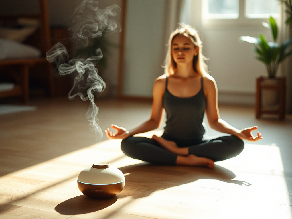 mulher praticando meditacao ao lado de um difusor de oleos essenciais