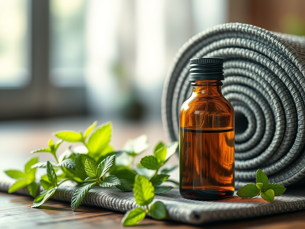 vidro de oleo essencial de hortela pimenta ao lado de folhas de hortela, o fundo é um estudio de yoga com mat.