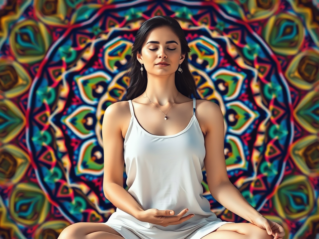 mulher com rosto sereno, sentada em posicao de meditacao. mente aberta, silencio. evitando inflexibilidade mental