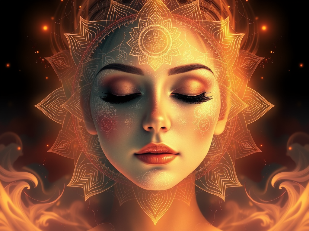 rosto de mulher com olhos fechados meditando. detalhes de mandala representando os chakras.