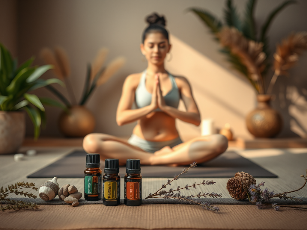mulher sentada meditando. na sua frente tem óleos essenciais para melhorar sua tecnica de alinhamento dos chackras.