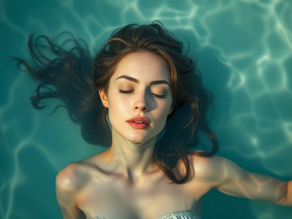 mulher com olhos fechados nadando em uma piscina representando o relaxamento, purificação, desintoxicação