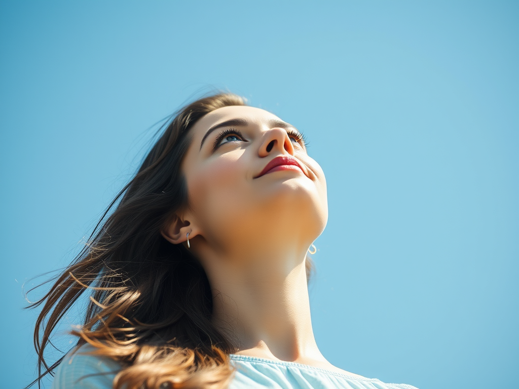 mulher com rosto sereno olhando para o céu limpo