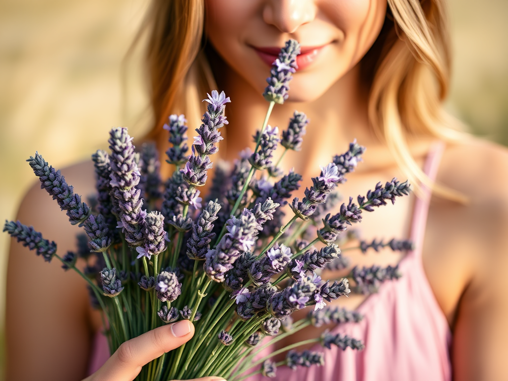 mulher segurando um buque de lavanda. esta planta é indicada para melhorar o sono e ajudar na ansiedade.