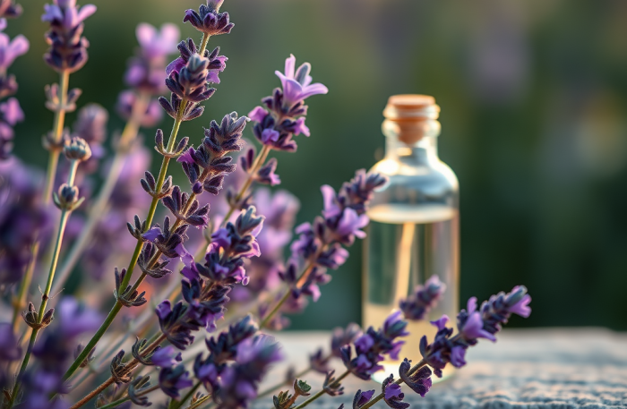 oleo essencial de lavanda com plantas de lavanda na frente. esta planta é indicada para melhorar o sono e ajudar na ansiedade.