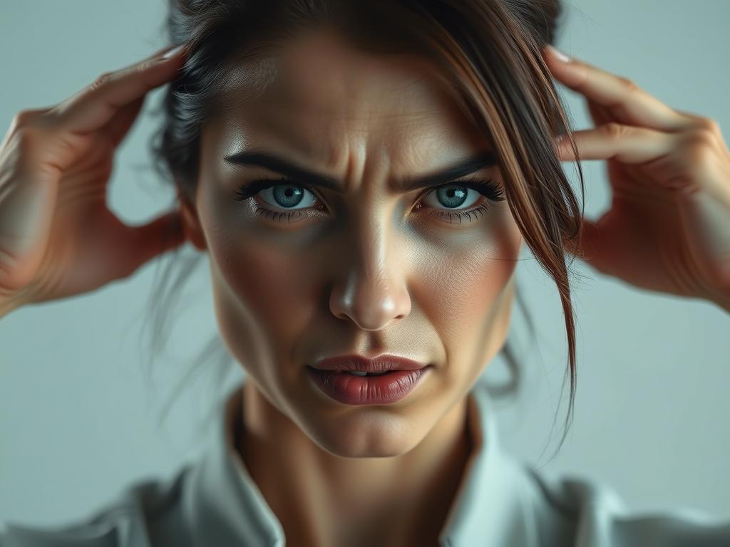 mulher com rosto serio e bravo segurando a cabeça, representando ridigez mental, inflexibilidade, mente fechada, teimosia, preocupação, estresse