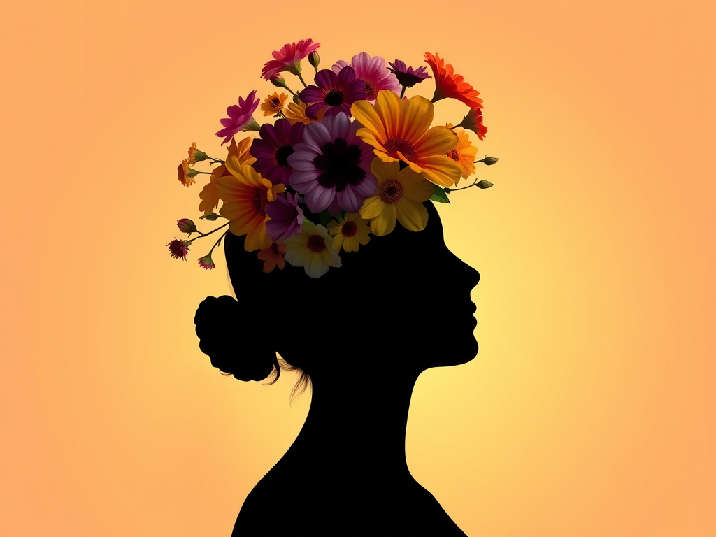 silhueta de mulher serena com flores na cabeça representando uma mente aberta, positiva e flexivel