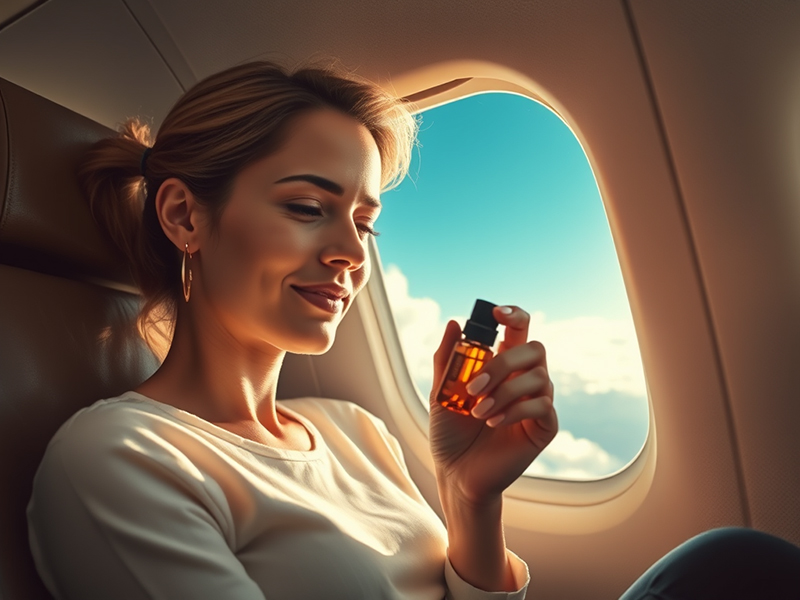 mulher segurando um frasco de oleo essencial para relaxar em uma viagem de avião