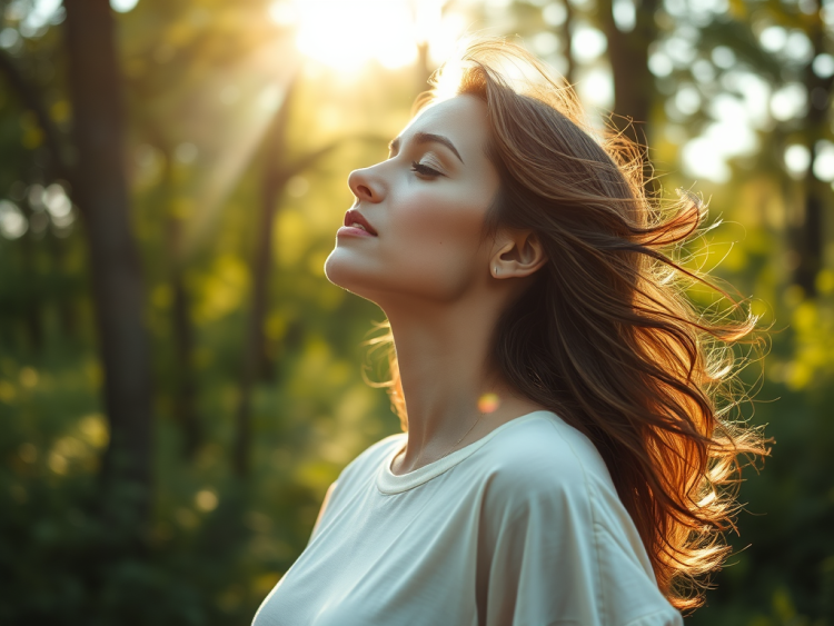 mulher respirando a natureza