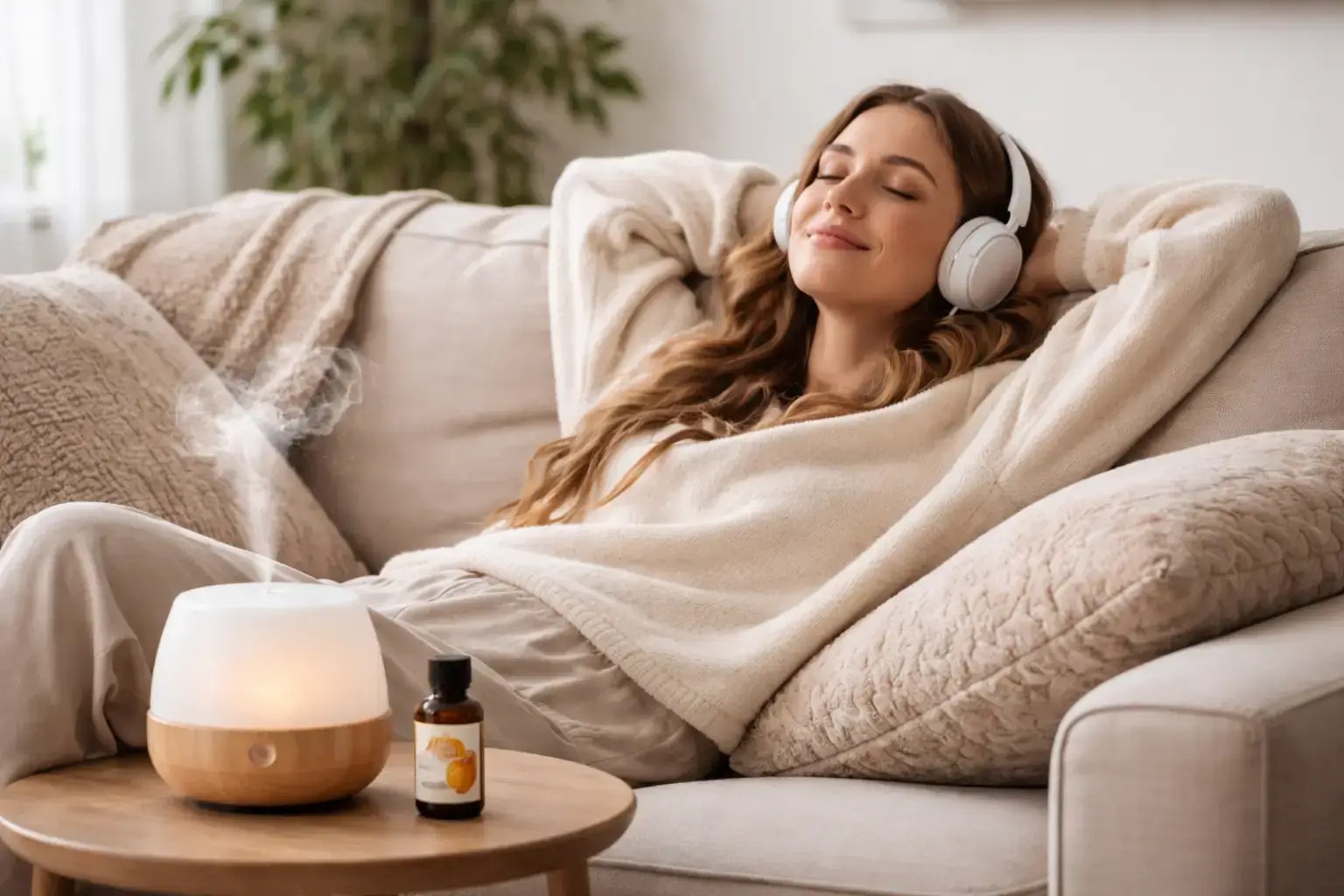 mulher escutando musica e relaxando com aromaterapia de óleo essencial de laranja para melhorar o humor
