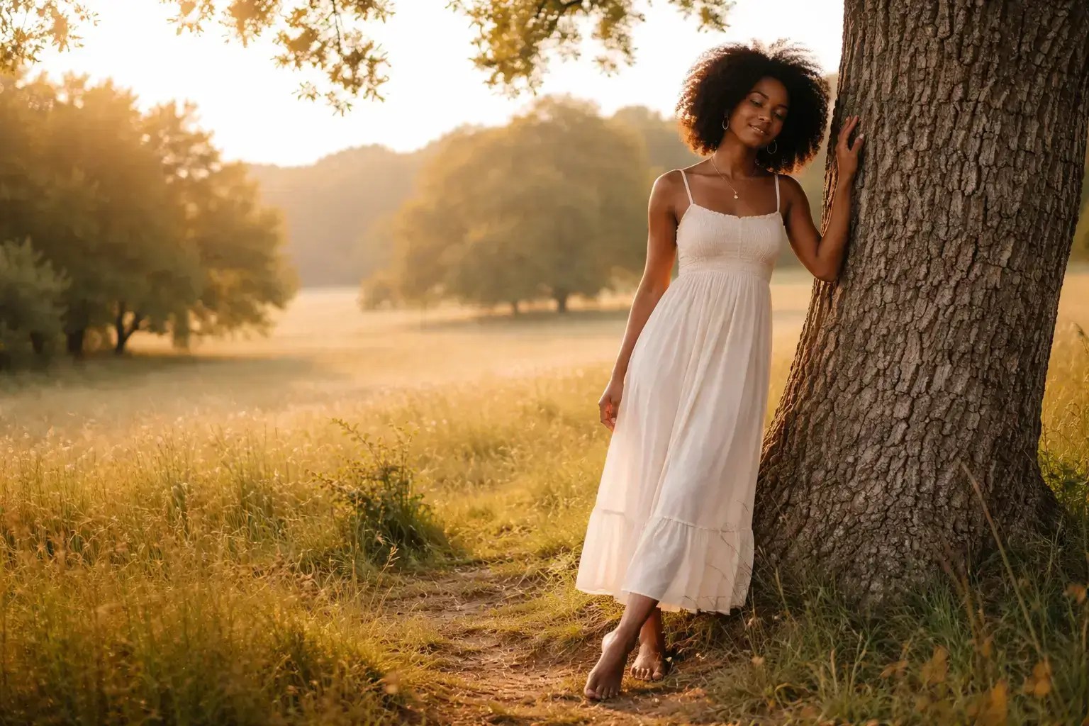 mulher no meio da natureza fazendo aterramento e desbloqueando o chakra básico
