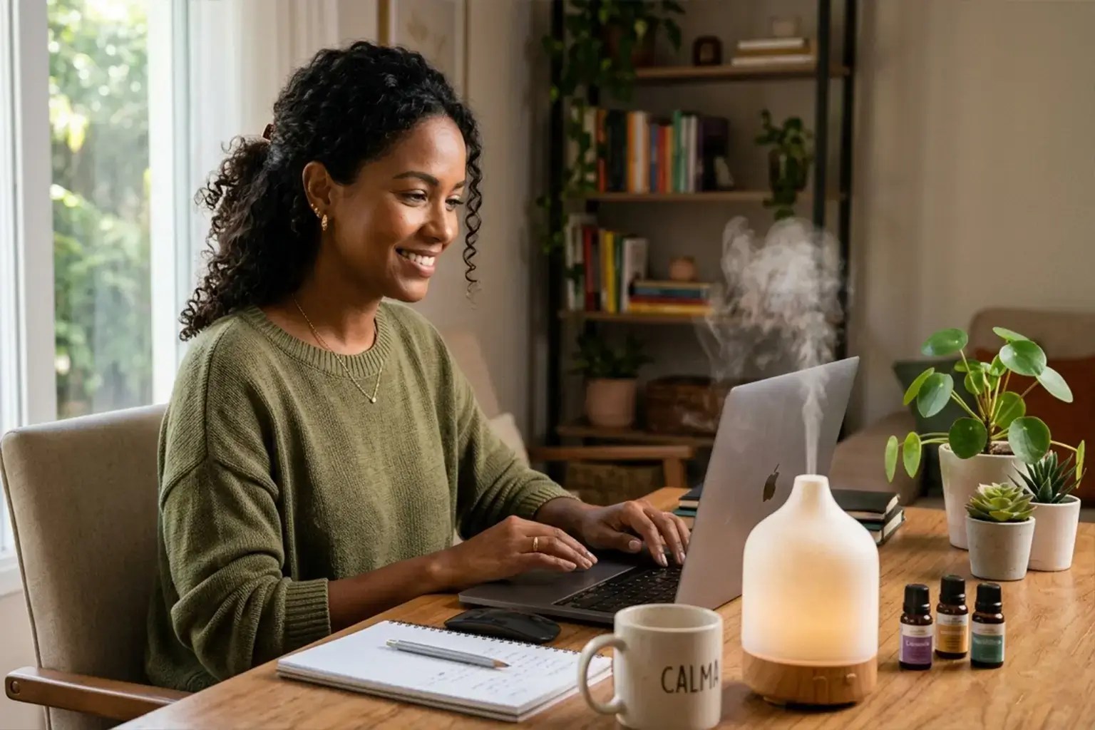 mulher trabalhando no computador inalando óleos essenciais no difusor para concentração no trabalho
