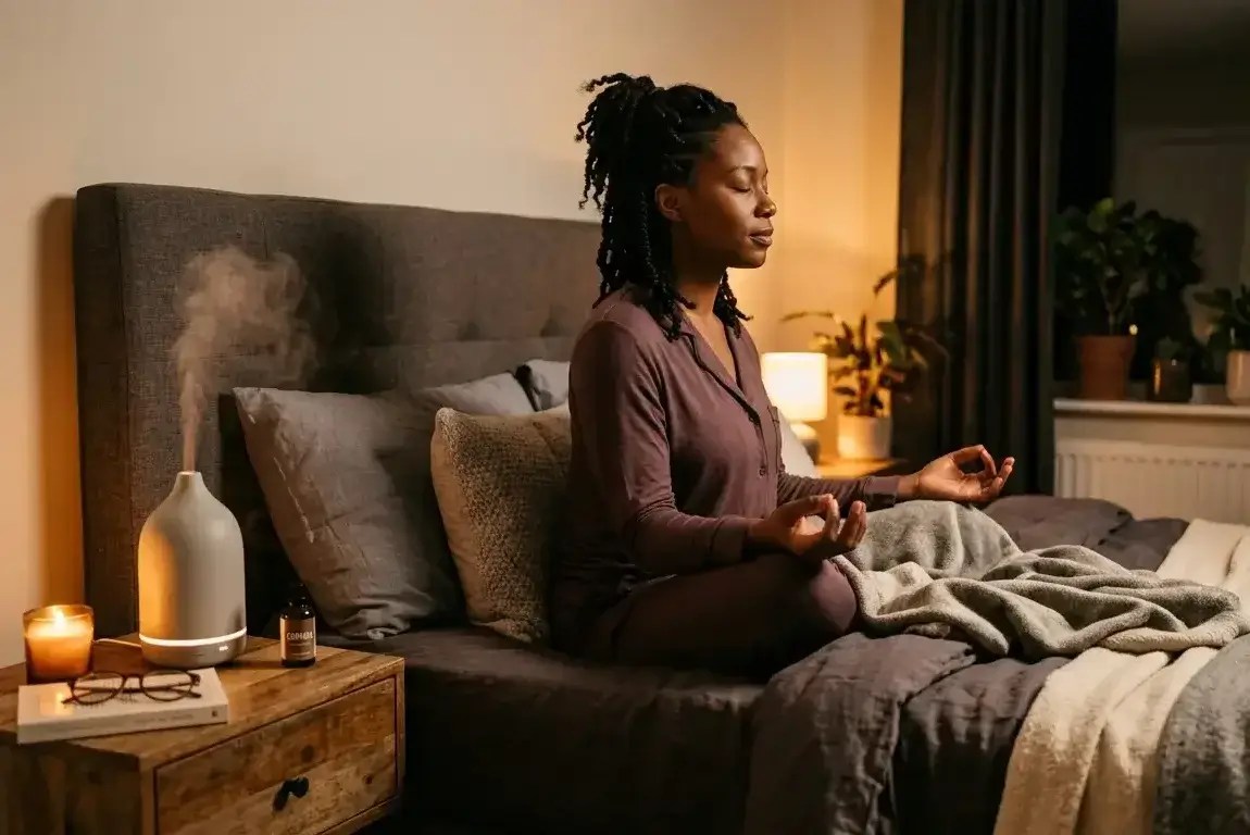 mulher meditando com oleo essencial antes de dormir