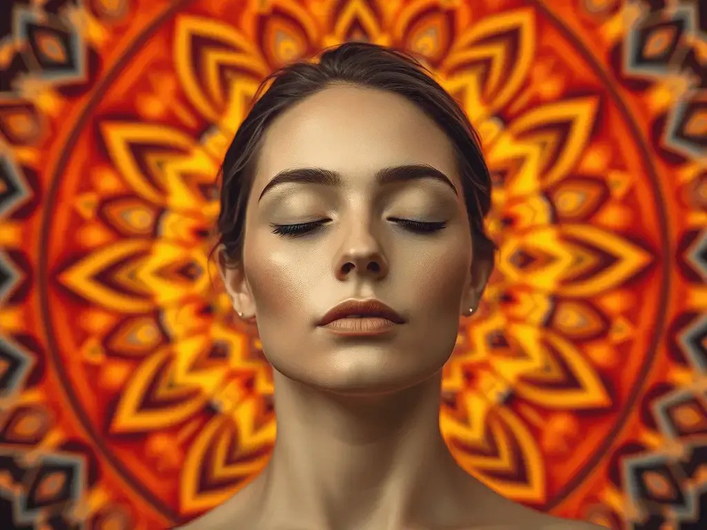 mulher com olhos fechados mentalizando o crakra básico raiz