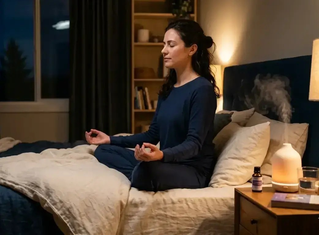 mulher fazendo meditacao na cama antes de dormir bem. na cabeceira, um difusor de óleos essenciais para aromaterapia.