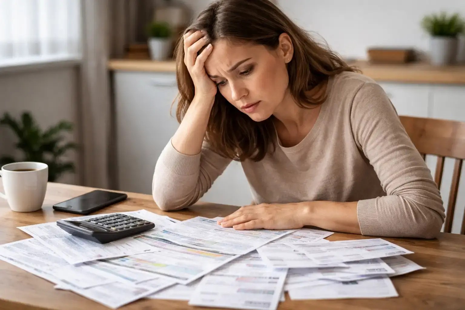 mulher com semblante de preocupação com problemas financeiros. exemplo de chakra basico bloqueado