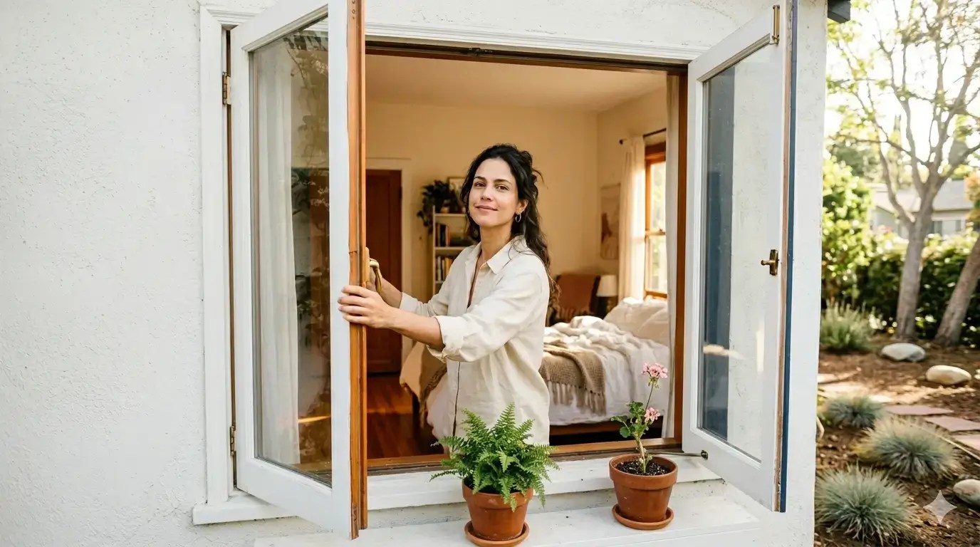 mulher abrindo a janela da casa para limpeza da energia da casa