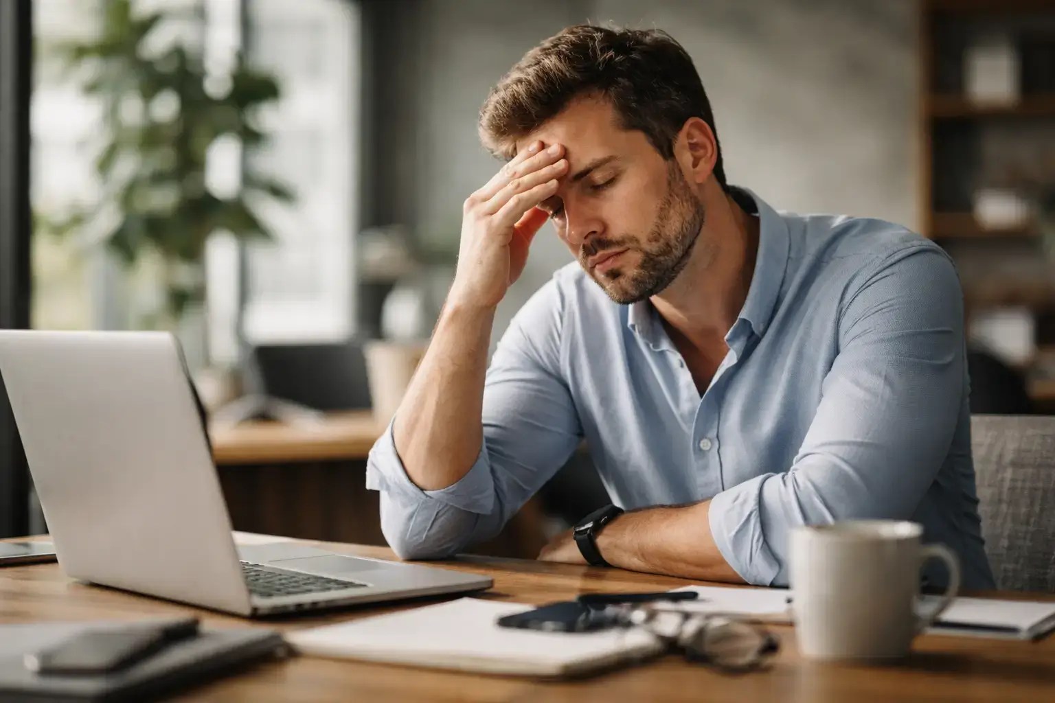 homem com semblante cansado e falta de clareza mental.