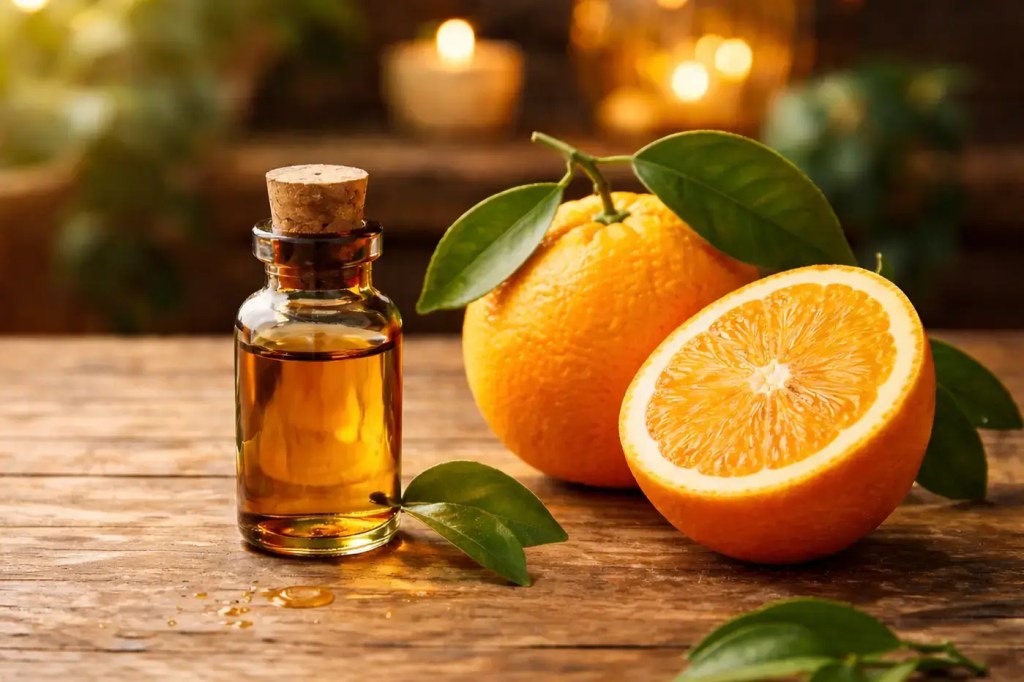 frasco de óleo essencial de laranja para melhorar o humor