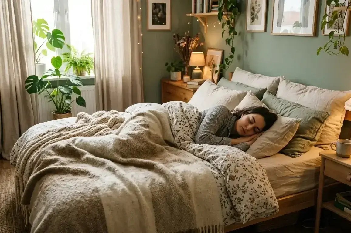 mulher deitada na cama dormindo e com sensação de bem estar.