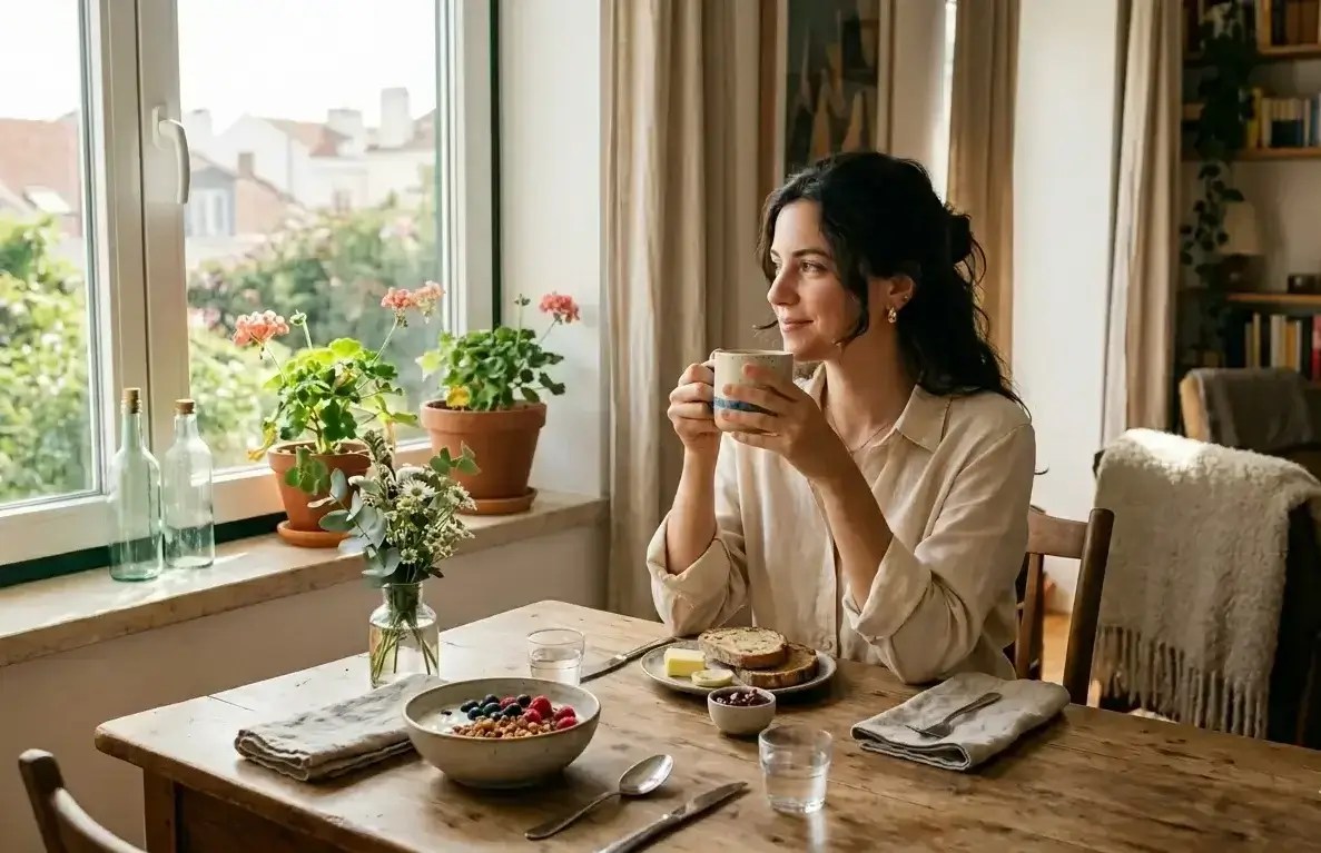 mulher calma tomando cafe da manha representando equilibrio do chakra basico raiz