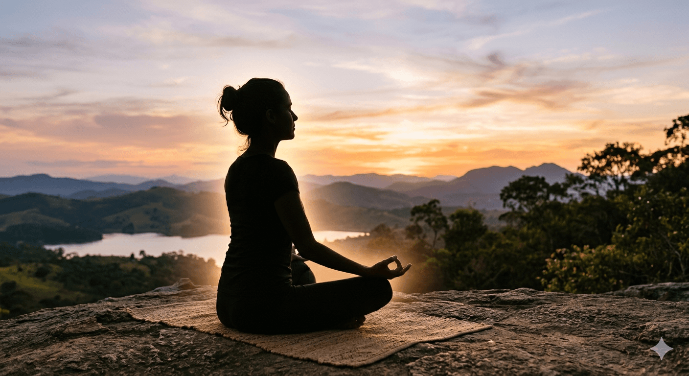mulher meditando na natureza irradiando afirmacao positiva e poderosa