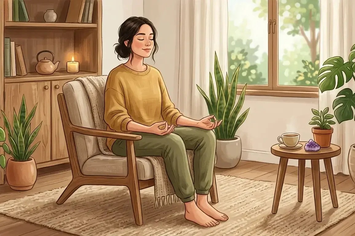 mulher sentada na cadeira usando tecnicas de meditacao e respiracao para ansiedade